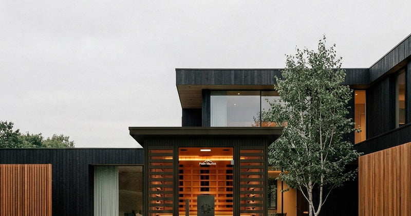 Peak infrared sauna lit inside a modern black and timber house at dusk