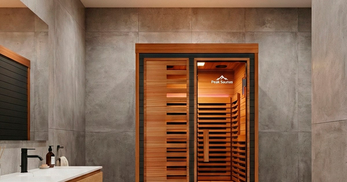Peak infrared sauna in a grey stone-tiled bathroom, interior lit warm