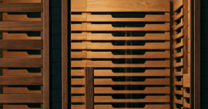 Close-up of cedar slatted sauna walls and bench detail