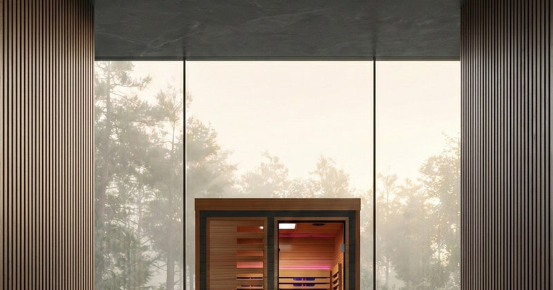 Peak infrared sauna behind a glass wall with fog and trees outside