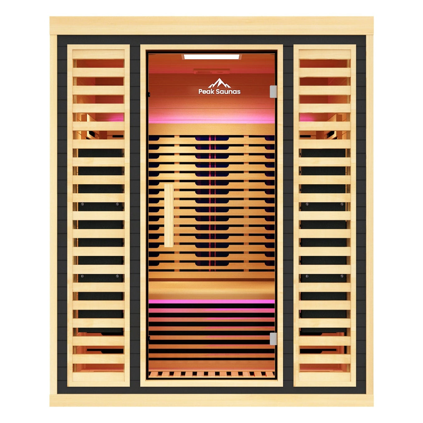 Infrared sauna with wooden design and visible brand logo on a white background