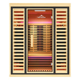Infrared sauna with wooden design and visible brand logo on a white background
