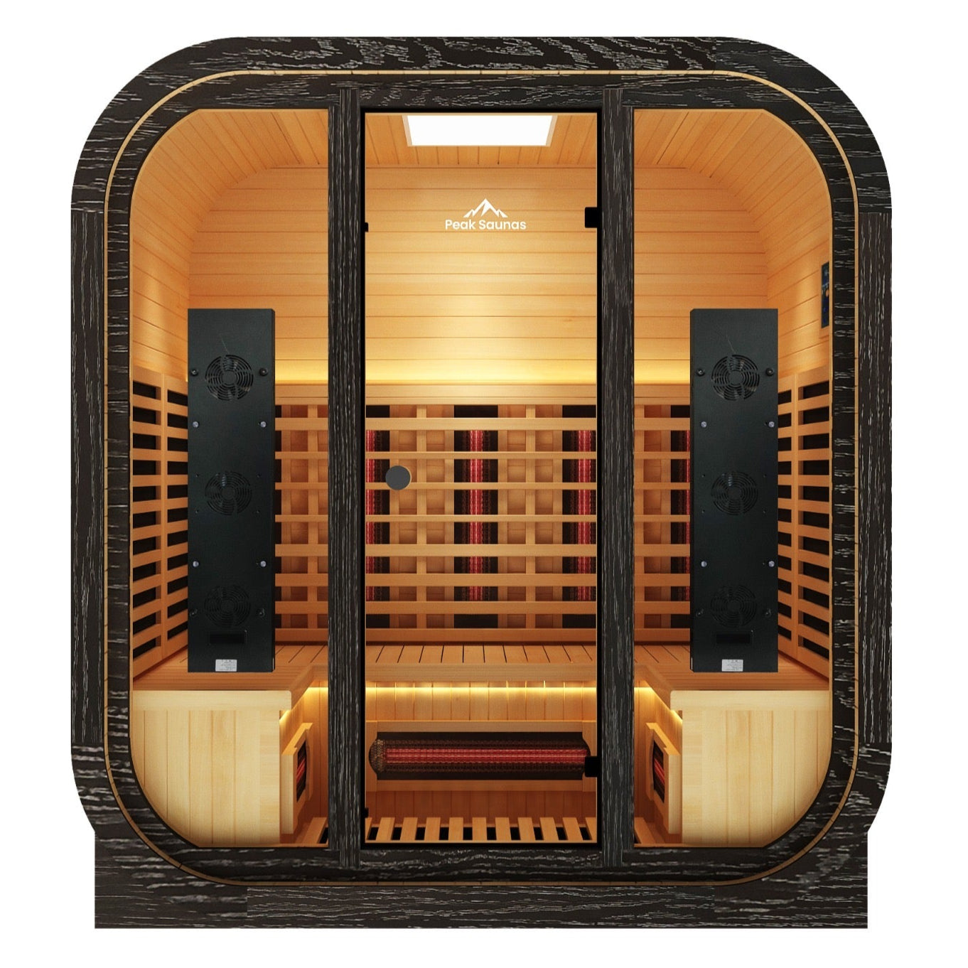 Infrared sauna with wooden interior and black exterior on a white background