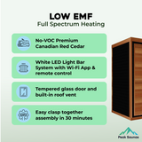 Peak Saunas Fuji 2-Person Indoor Near Zero EMF Full Spectrum Infrared Sauna with XL Medical-Grade Red Light Therapy & Smart WiFi App Control