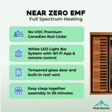 Peak Saunas Rainier 1-Person Indoor Near Zero EMF Full Spectrum Infrared Sauna with XL Medical-Grade Red Light Therapy & Smart WiFi App Control