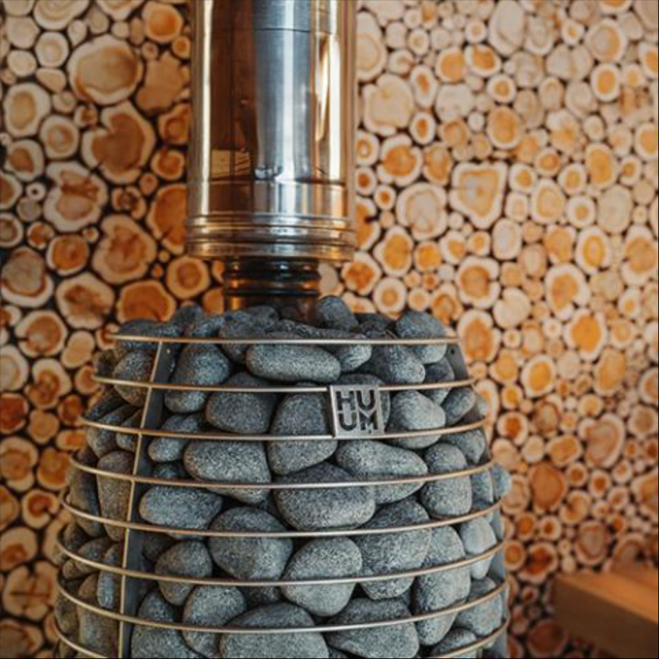 HUUM HIVE FLOW Wood-Burning Sauna Stove w/ Thru Wall Chimney and Stones and Floor Protection