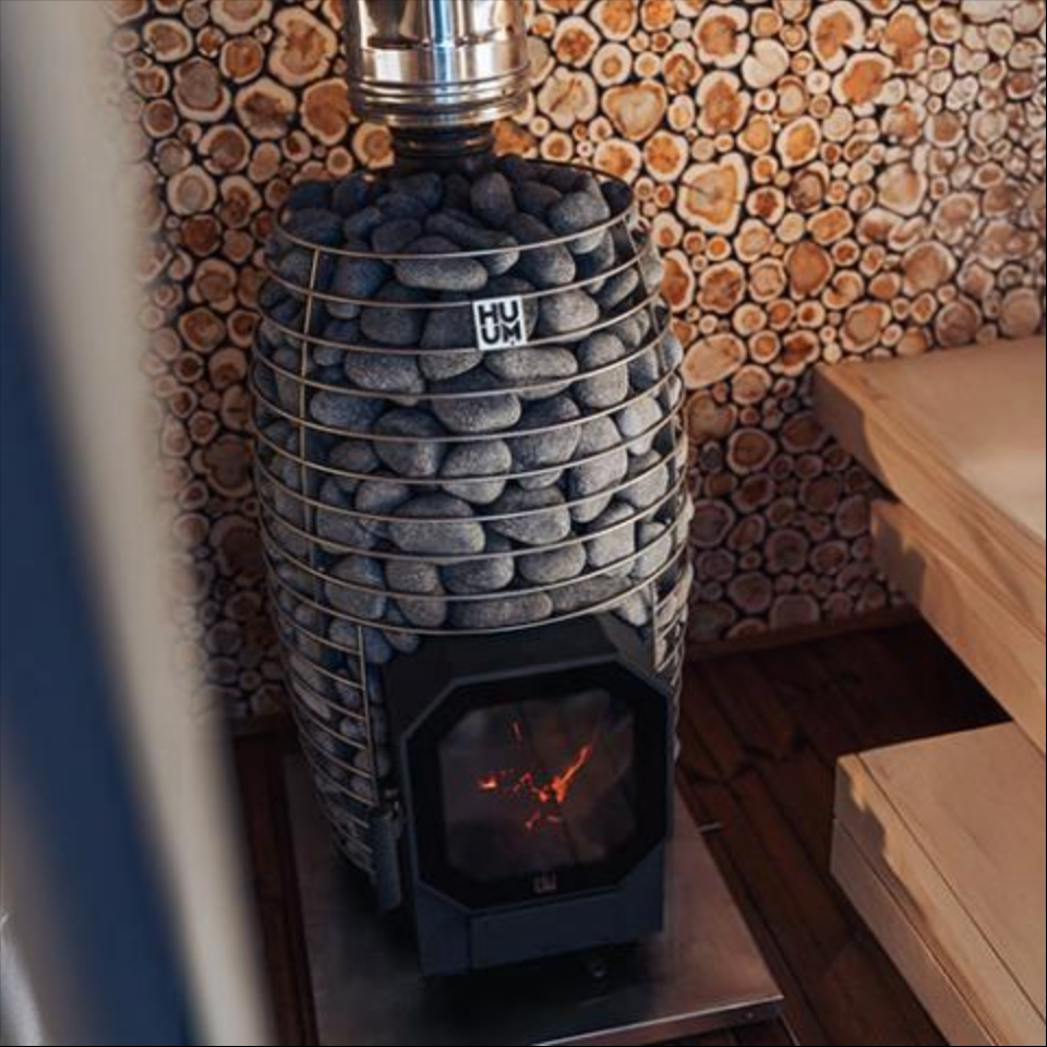 HUUM HIVE FLOW Wood-Burning Sauna Stove w/ Thru Wall Chimney and Stones and Floor Protection