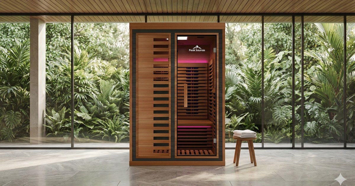 Peak infrared sauna in a glass-walled room overlooking dense tropical planting