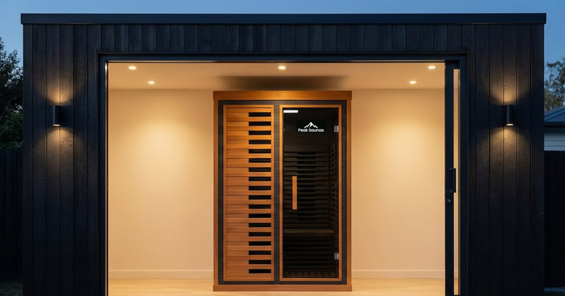 Peak infrared sauna lit inside a black timber garden room with open doors