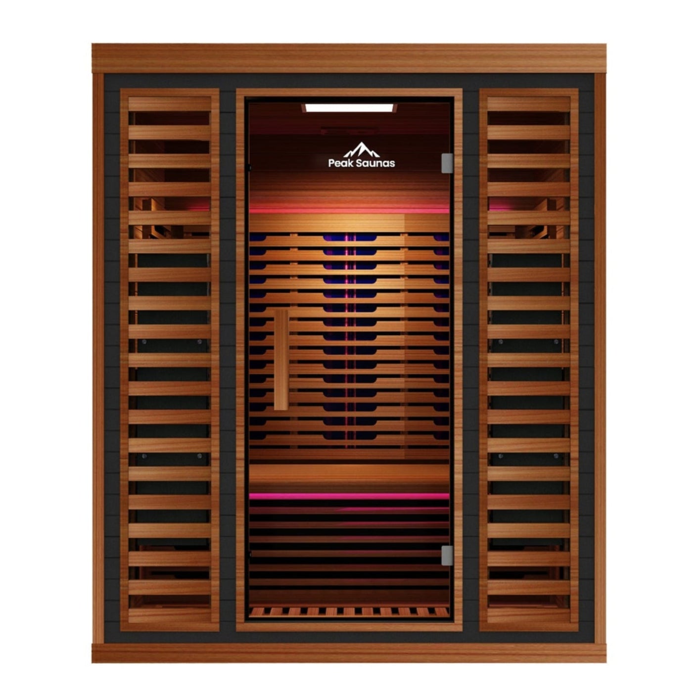 Wooden sauna with interior lights on a white background