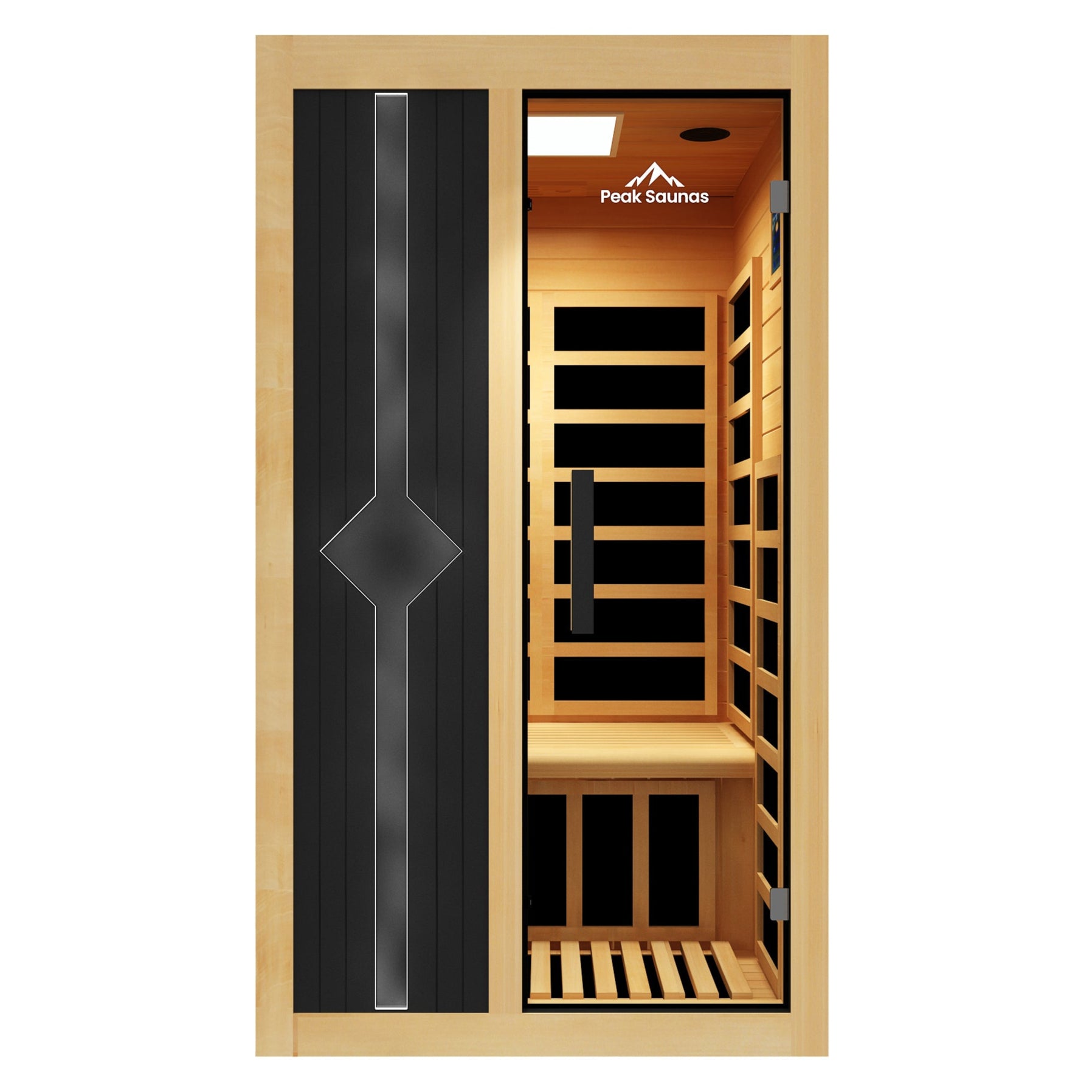 Infrared sauna with wooden frame and glass door on a white background