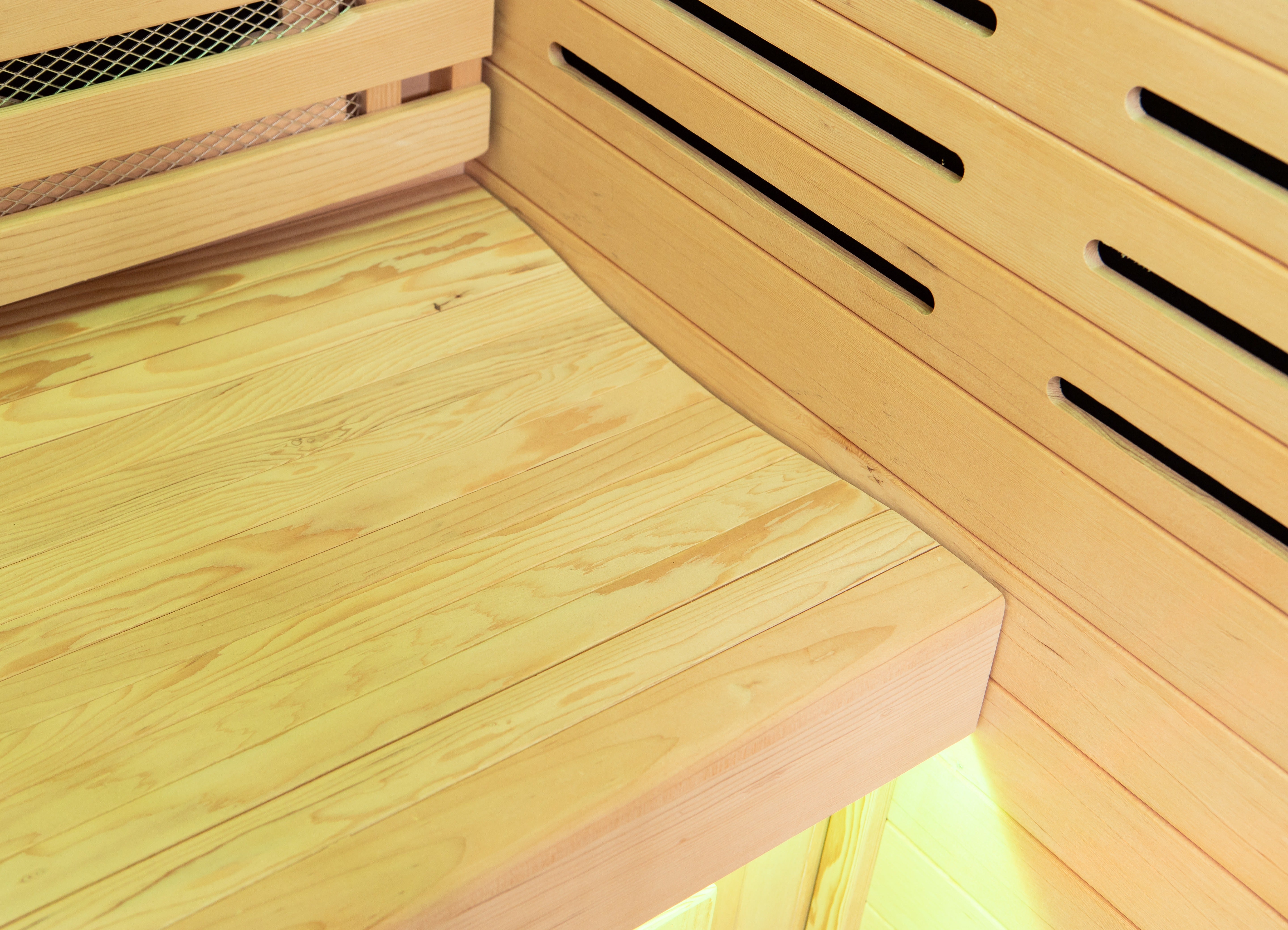 Mini 1-Person Full Spectrum Infrared Sauna — interior wood bench detail