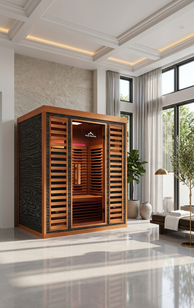 Matterhorn 3-Person Full Spectrum Infrared Sauna in cedar, shown in a home setting
