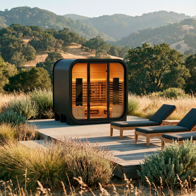 El Capitan 4-Person Outdoor Infrared Sauna on a deck overlooking rolling hills, with loungers