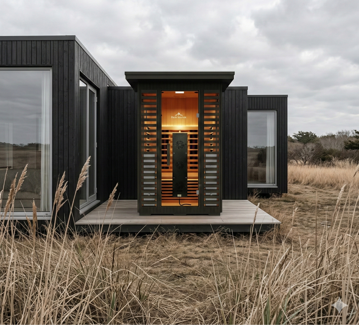Peak Patagonia two-person outdoor infrared sauna in a landscaped backyard