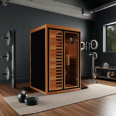 Wooden sauna in a modern gym setting with exercise equipment.