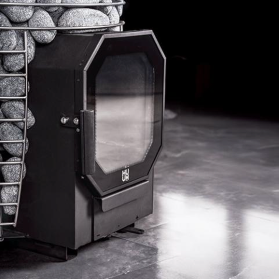HUUM HIVE FLOW Wood-Burning Sauna Stove w/ Thru Wall Chimney and Stones and Floor Protection