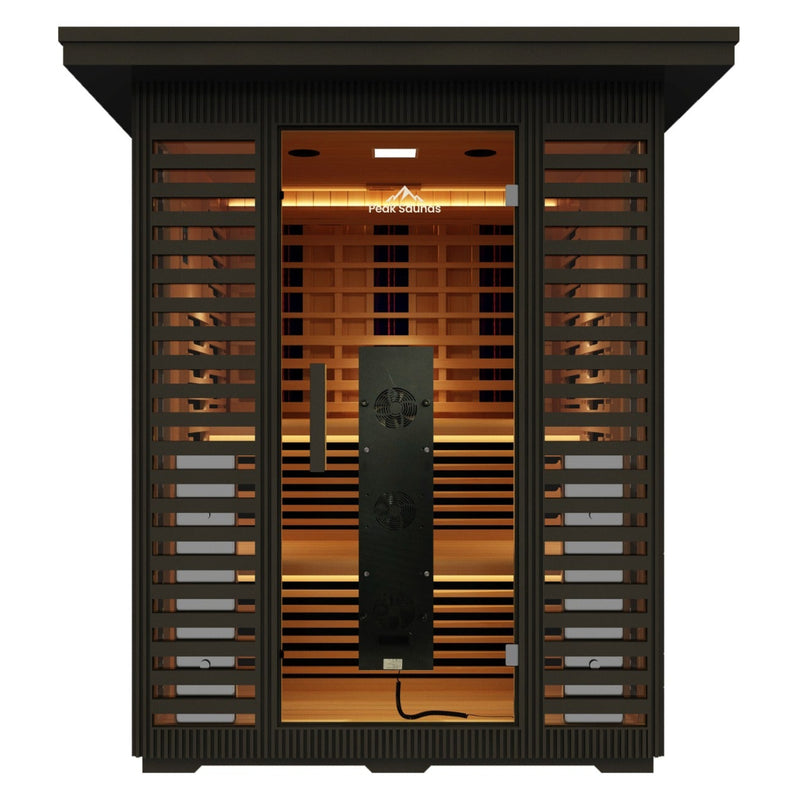 Kilimanjaro 5-Person Outdoor Full Spectrum Infrared Sauna, front view with the interior lit