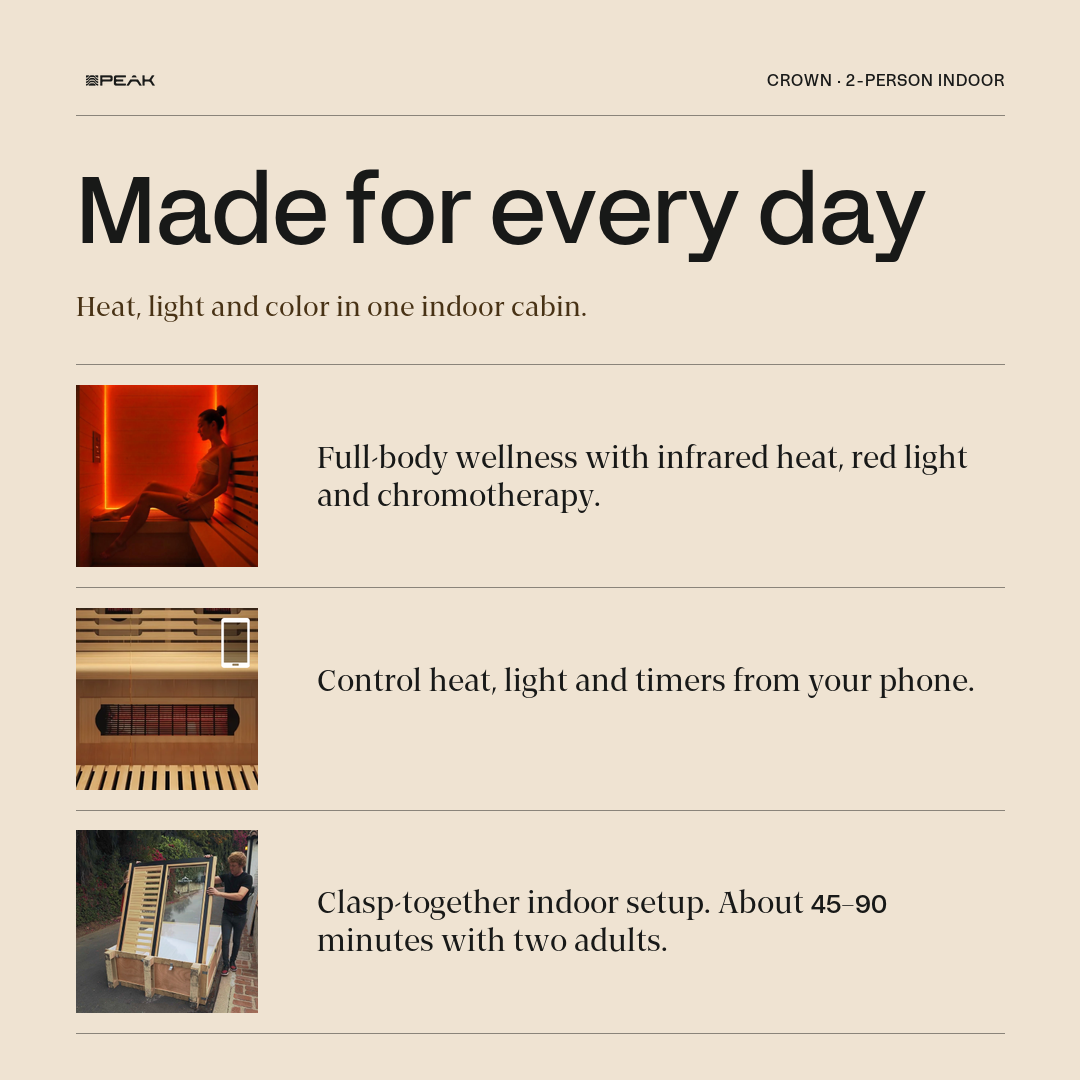 Crown sauna benefit graphic: infrared heat with red light and chromotherapy, app control, setup in under an hour