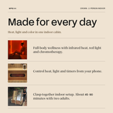 Crown sauna benefit graphic: infrared heat with red light and chromotherapy, app control, setup in under an hour