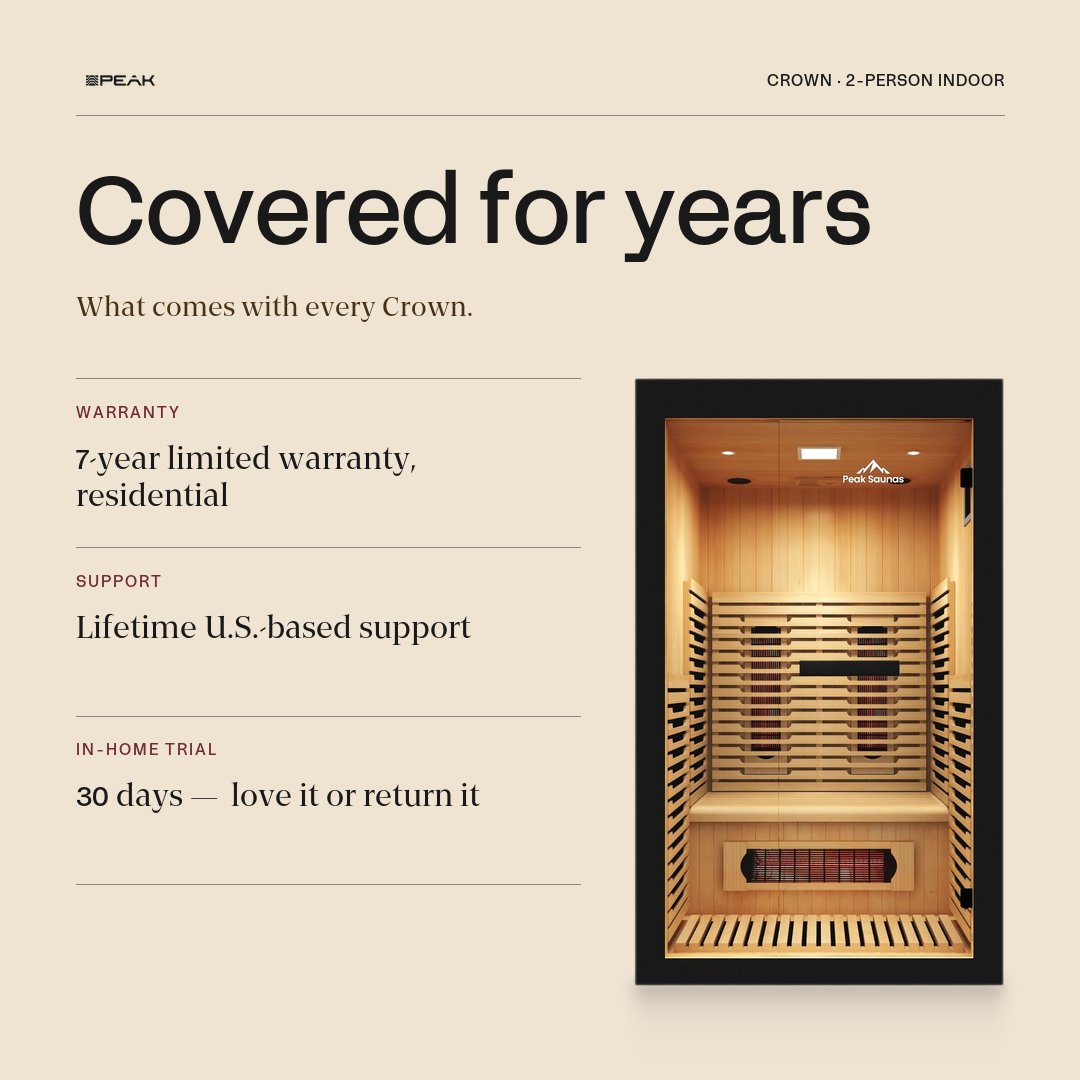 Woman seated in a Peak sauna beside a 7-year warranty and money-back guarantee callout