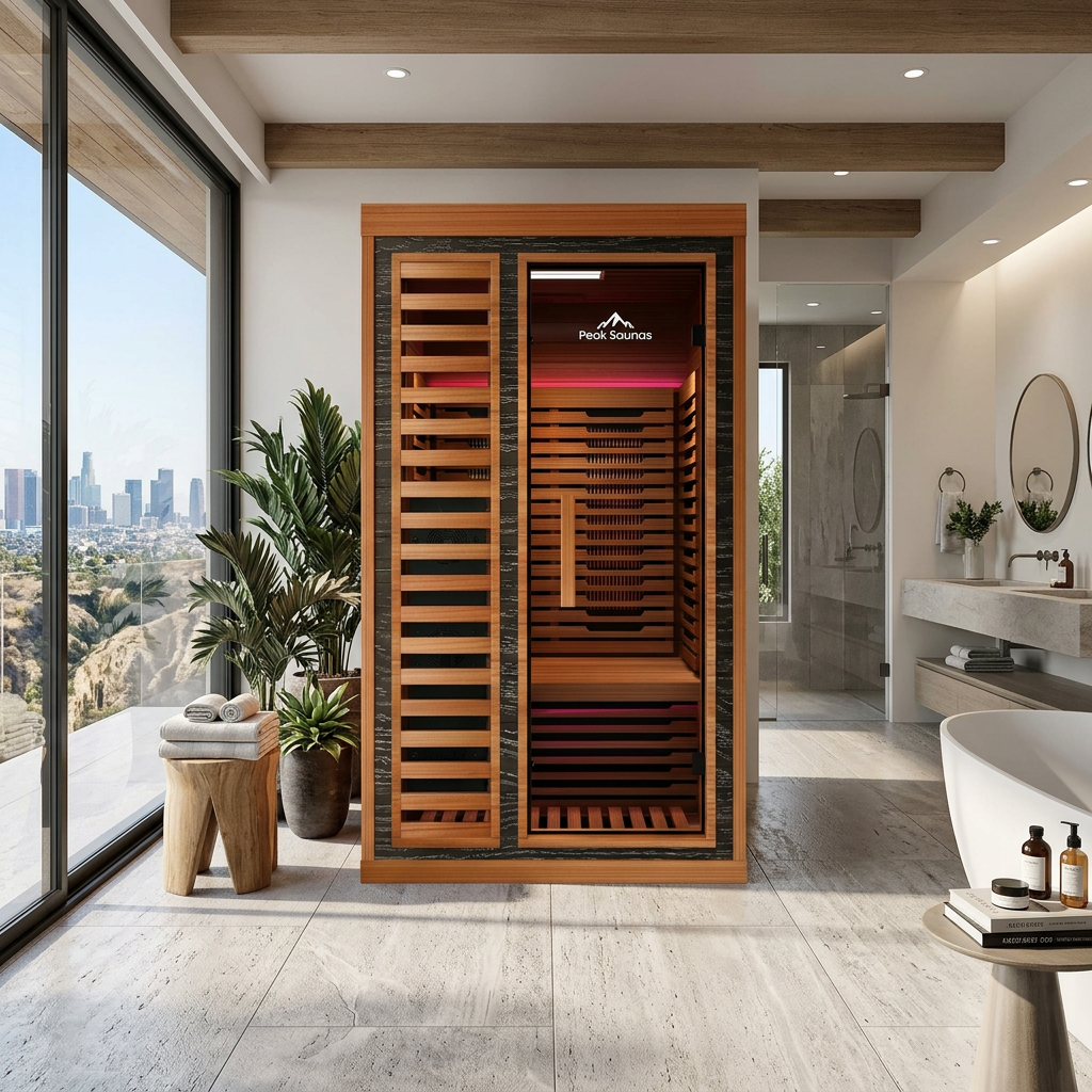 Rainier 1-Person Infrared Sauna in modern luxury bathroom setting