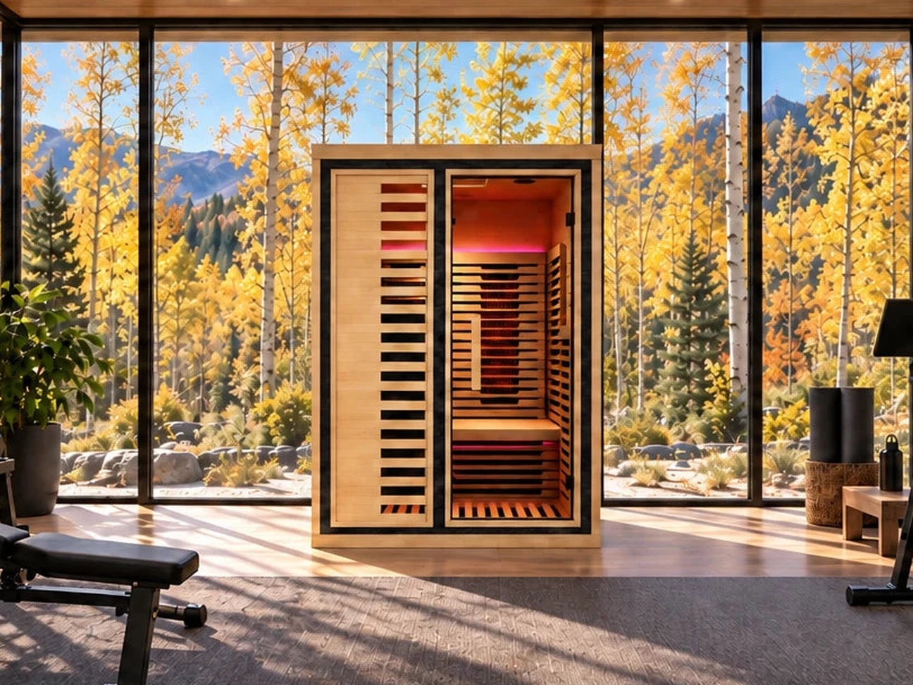 Peak indoor infrared sauna in a home gym with fall aspens outside