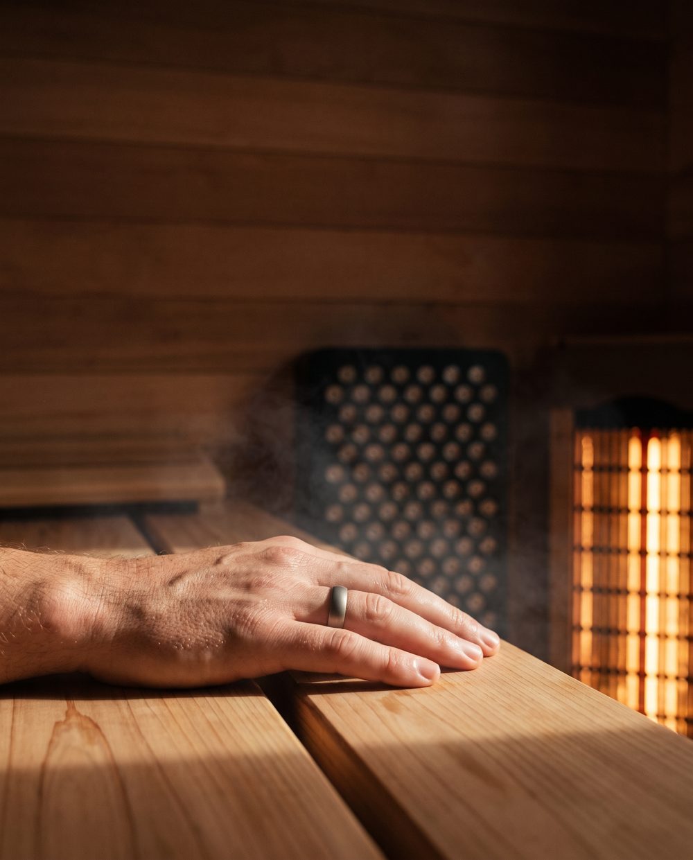 A hand wearing a smart ring resting on the cedar bench inside a PEAK sauna